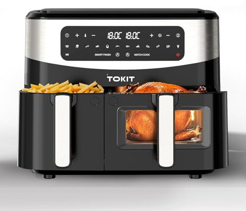 TOKIT Friteuse à air chaud double panier, 4L+6L zones de cuisson indépendantes, fonction Sync & Match, 12 préréglages, Noir