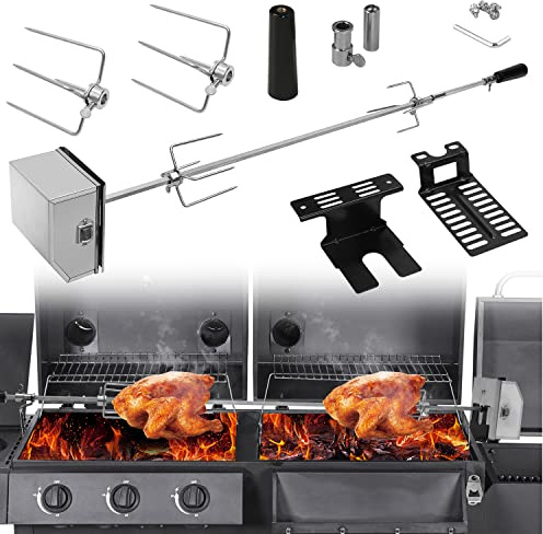 ISOISL Edelstahl Grillspieß Set 107cm mit 4X Fleischnadeln, universal Edelstahl Drehspieß, BBQ Fleischklammer, Motor, Grillspieß, Drehspieß für Gasgrill 220-240V, Silber
