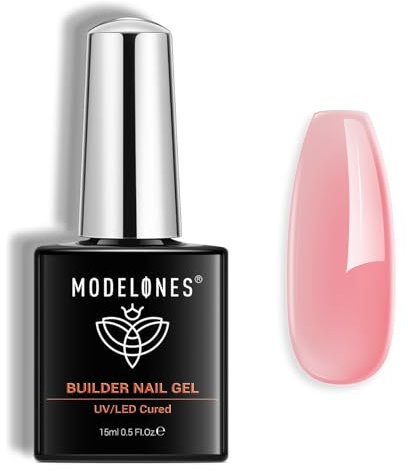 Modelones Nail Builder Gel, Jelly Pink Builder for Nails, Hard Gel Nail Strengthener Extension Rhinestone False Nail Tips Glue Gel in a Bottle 15ML