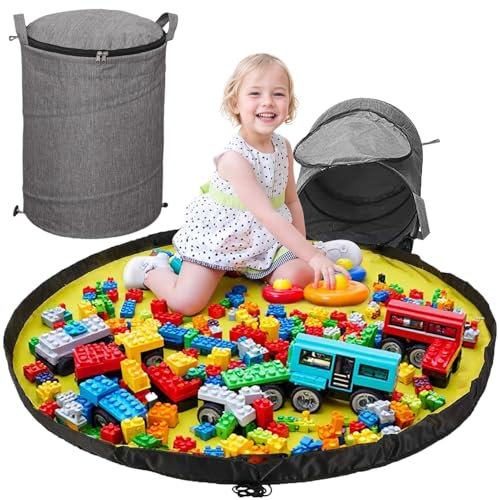Lighterday Toy Storage Baskets with Lid Handle 34x42cm,Toys Baskets with Play Mat,Grey Fabric Toy Hamper Bin for Kids,Foldable Storage Basket for Toys Clothes Stuffed Animal Storaging (Gray)