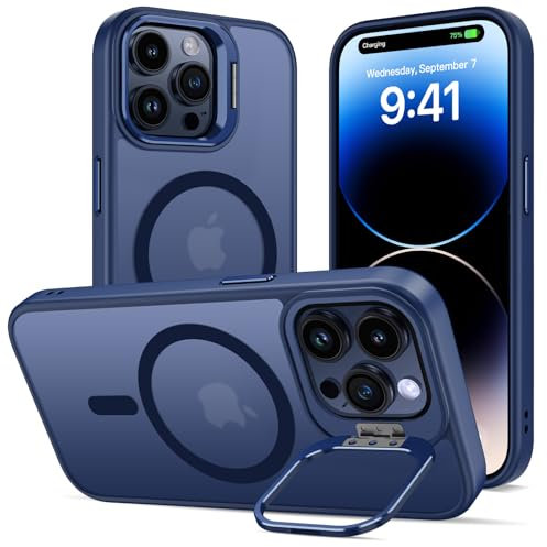 ÁRBOLORO Hülle für iPhone 14 Pro Max mit Ständer, Kompatibel mit MagSafe, Integrierter Versteck Kameraständer Handyhülle, Magnetische Stoßfest Dünn Schutzhülle, Durchscheinend Matt Blau
