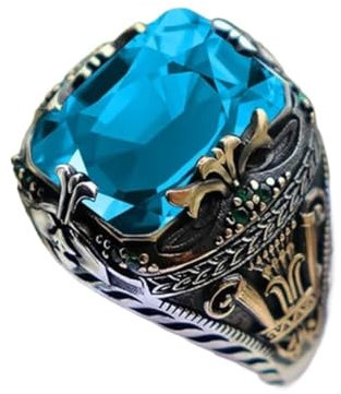 FOVAOK Handgefertigter türkischer Siegelring für Herren, antikes Silber, mystischer Zirkonia, Punk-Ring für Motorradfahrer, 9, Achat
