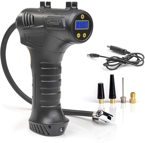 Crystals Digital Cordless Tyre Inflator Air Compressor - 150PSI Electric Tyre Air Pump USB Rechargeable Tyre Inflator with LED Light - with 3 Nozzle Adaptors for Car Motorcycle Bicycle Inflatables