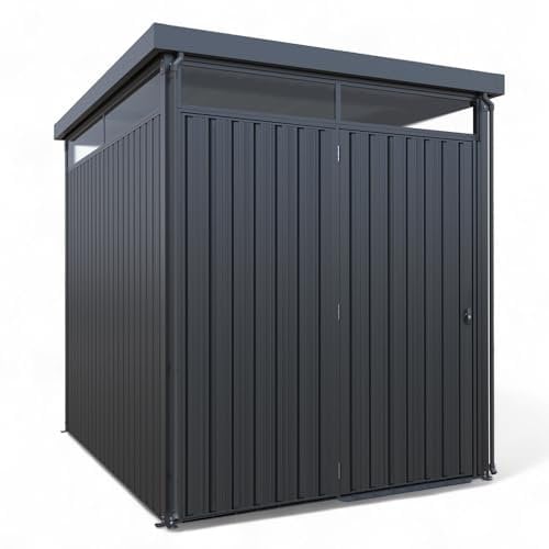 Gerätehaus Metall pulverbeschichtet anthrazit | Geräteschuppen Pultdach 226 x 245 x 204 cm | Tageslichtfenster, Gasdruckdämpfer, hochwertiges Schloss, Lüftungsgitter (4,5 m² Grundfläche)