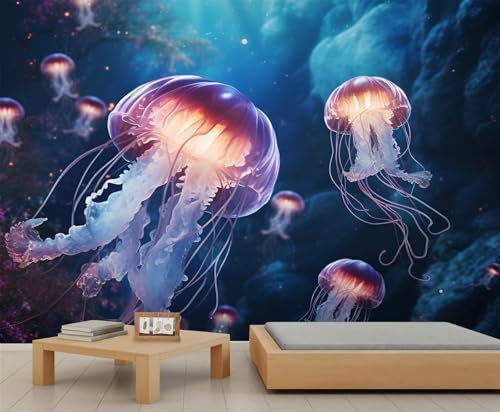 Marine Life Jellyfish Mural Wallpaper Dream Neon Jellyfish Photo Wallpaper Murals for Living Room Bedroom and Kids Room 400x280cm(W x H) Modern Poster Silk Wall Mural