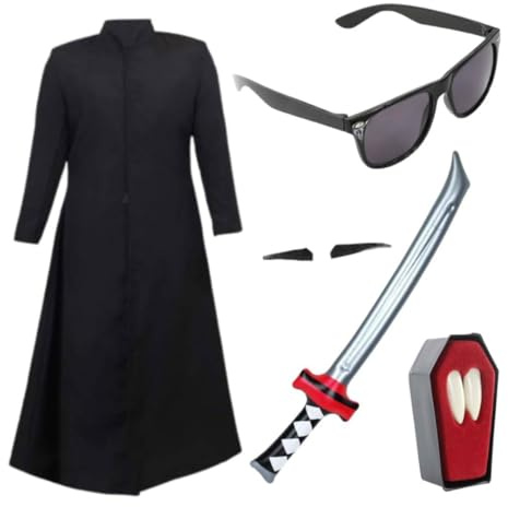 Vampirjäger Kostüm Set für Erwachsene - Standard schwarze Staubjacke, aufblasbares Samuraischwert, Zähne, Spiv Schnurrbart & Sonnenbrille - Gothic Night Slayer Verkleidung