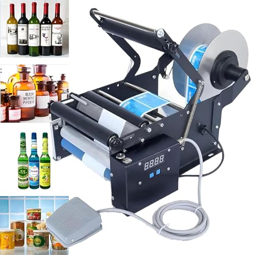 YXYLJOZ Runde Flaschenetikettiermaschine, Elektrische Flaschenetikettiermaschine für runde Glas-Kunststoff-Metallflaschen, Etikettiermaschine mit Fußpedal, 20-40 Stück/min