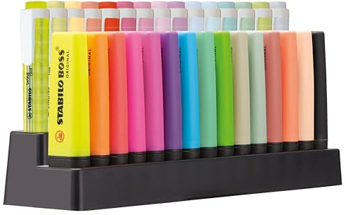 Textmarker Stabilo, fluoreszierend, Tischset, 15 Stück Boss 70 + 15 Stück swing cool verschiedene Farben.