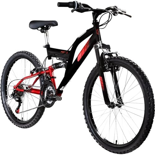 Galano FS240 Mountainbike Kinderfahrrad 24 Zoll Fahrrad 130-145 cm Fully ab 8 mit 18 Gängen Jugendfahrrad MTB (schwarz/rot, 37 cm)