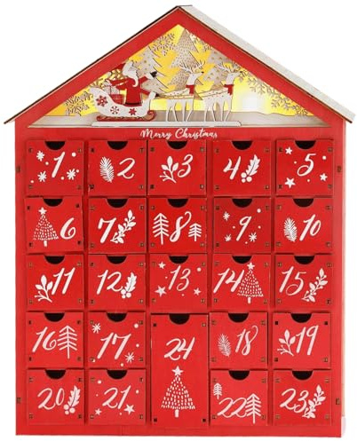 Christmas Decorations Christmas Advent Calendar with 24 Storage Drawers LED Wooden Advent Calendar with Tree & Houses DIY for Adults Kids Holiday Gifts Decoration