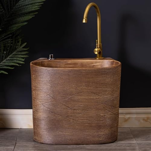 GUAWJRZDP Lavandino in Ceramica, Lavello per Mocio, Lavandino per Mocio da Pavimento con Scarico a Pulsante, Lavandini di Servizio per Lavanderia, Bagno, Garage Ed Esterni(with Faucet)