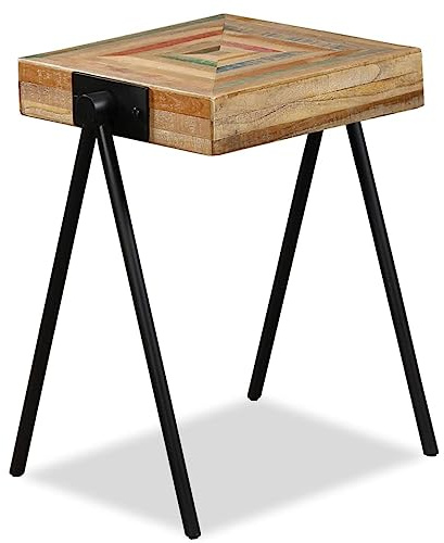 HETFTJN Beistelltisch aus recyceltem Teakholz 49x40x60 cm, Industrie-Design Couchtisch mit Stahlgestell, Mehrfarbig, robust & langlebig für Wohnzimmer Balkon Camping Garten