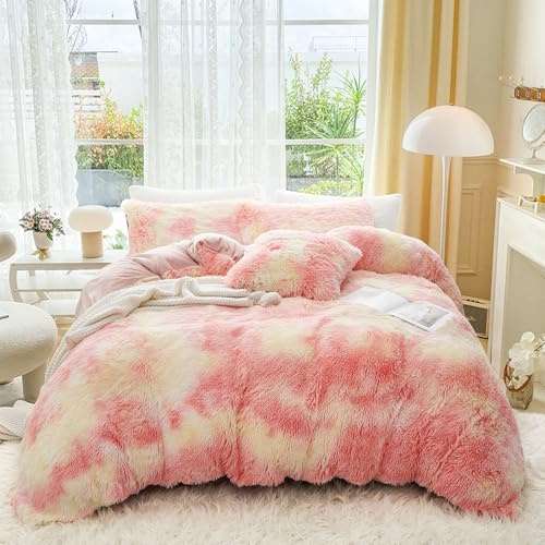 Covebett Plüsch Bettwäsche 200x200 Winter Warme Langhaar Flauschig Rosa Gelb Shaggy Plüschbettwäsche Set Kuschelig Cashmere Touch Wende Bettbezug mit Reißverschluss und 2 Kissenbezug 80x80cm