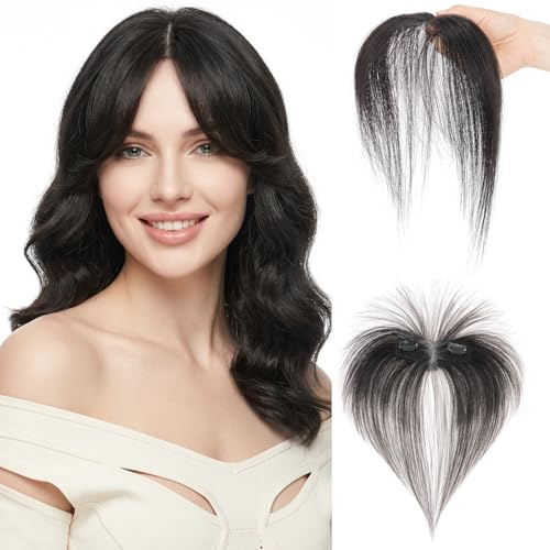 SEGOHAIR Clip In Pony Echthaar, 100% Echtes Remy Haar Seitlicher Pony, Handgeknotete Curtain Bangs für Sofortigen Stilwechsel & Gesichtsformendes Haarteil für Damen #1B Natürliches Schwarz