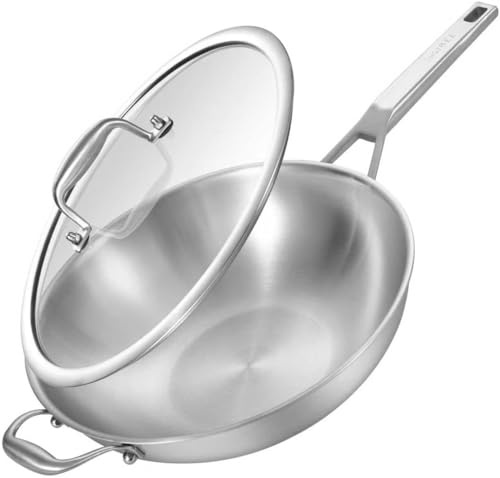 Inqibee Wokpfanne Edelstahl 34 cm mit Deckel | Unbeschichtete Wok Pfanne für Induktion & Gasherd, Edelstahlpfanne ohne Beschichtung, Stainless Steel Wok, genieteter Griff
