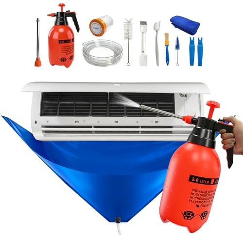 Kit de limpieza mini dividido de 13 piezas con pulverizador de alta presión de 2 L, aire acondicionado de limpieza profunda, herramientas de limpieza HVAC con cubierta de limpieza de PVC impermeable y