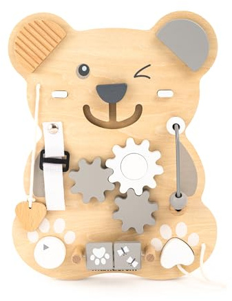 mamabrum Montessori Busy Board Holz 10in1 Bär Sensorisches Aktivitätsbrett Motorikspielzeug Lernspielzeug für Kinder ab 18 Monaten
