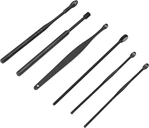 Eminchu U Shape Ear Spoon Set with Spiral Ear Wax Cleaner Tools for Efficient Cleaning and Hygiene, 6 Pieces, Stainless Steel (Black)