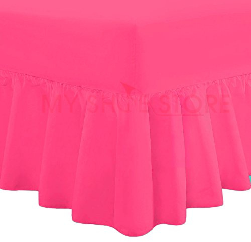 Valance Fitted Sheets Combed Poly-Cotton Plain Dyed Non Iron Percale Frilled Pleated Box Bed Sheet Bedding(Fuchsia, Double)