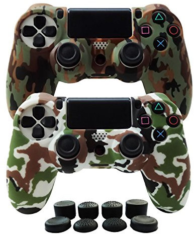Hikfly Silikon mit Gummi Öl Gel Controller Deckel Hautschutz Fall Faceplates Kits für Sony Playstation 4 PS4 / PS4 Slim / PS4 Pro Controller (2x Controller Abdeckung mit 8 x Joystic Caps)(Braun ,Weiß)