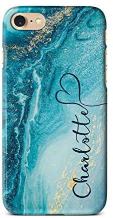 iCaseDesigner Personalised Marble Glitter Flowing Name with Heart Phone Case for Apple iPhone 7/8-5. Turquoise Sparkle Swirl Vertical Name