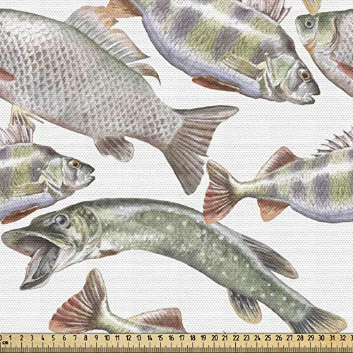 ABAKUHAUS Fische Stoff als Meterware, Karpfen Barsch und Bass, Qualitäts Stoff Dekorativer Polster Heimtextilienstoff, 2M (148x200cm), Blasser Kadettblau