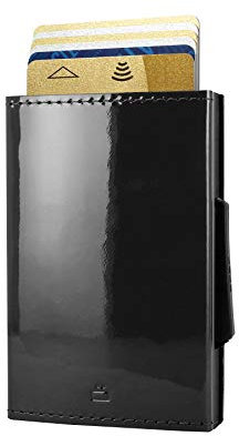 ÖGON -DESIGNS- Porte-Cartes Fin Automatique en Aluminium et Cuir, Protection RFID Contre la fraude et la démagnétisation, Portefeuille Compact, modèle Cascade Slim (Glossy Black)