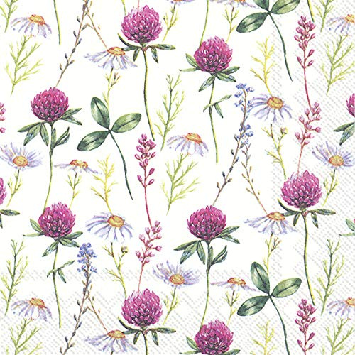 Ophelia Papierservietten, Motiv Weißes Kleeblatt, Wildblumen, IHR, 20 Stück pro Packung, 3-lagig