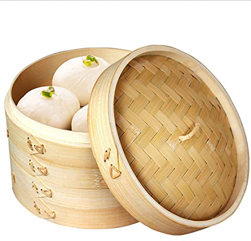 Handmade Steam Basket Bamboo Steamer 10 Inch, 2 Tiers Chinese Food Bamboo Steamers for Cooking, Steam Baskets Dumplings Vegetables Chicken Fish Rice, Reusable 2 Gauze Liners and Chopsticks