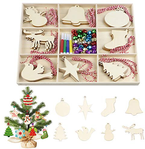 Cozywind Weihnachtsdekoration,DIY Weihnachtsdeko Weihnachten Holzanhänger 32 pcs Holz Christbaumanhänger Weihnachtsbaum Deko Holz Weihnachten DIY Basteln,kann malen und färben,Viel Zubehör,mit Box