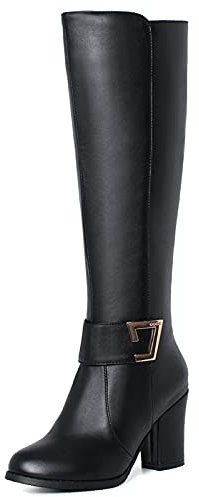 Onewus Stivali da donna con tacco a blocco, chiusura lampo, ecopelle nera, 38 EU