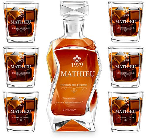 Maverton Décanteur gravé avec 6 Verres à Whisky, Ensemble de Carafe avec Verres, Cadeau pour Chaque Homme - avec Personnalisation - Cadeau Noel - Millésime
