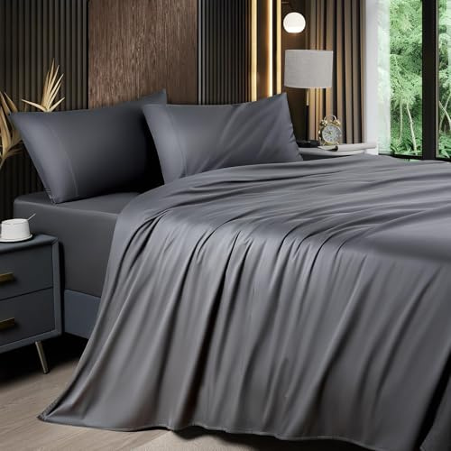 Shilucheng 4-teiliges Queen-Size-Bettlaken-Set, Viskose aus Bambus, kühlend und atmungsaktiv, seidige Bettlaken und Kissenbezüge, 40,6 cm Tiefe Taschen (Queen, Dunkelgrau)