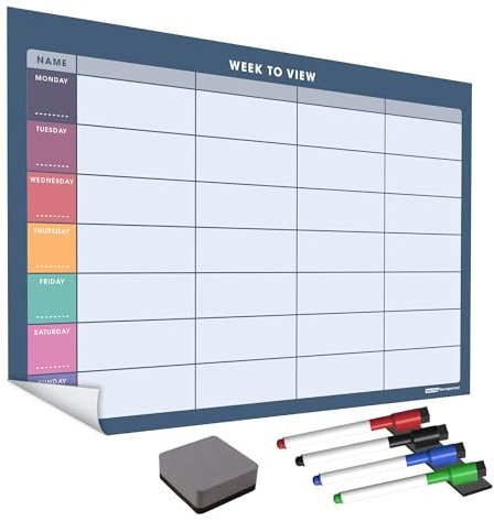 WallTAC A2 Weekly Planner Whiteboard Sticker for Wall | Made in The UK | Easy-to-Remove Dry Wipe Calendar with Reusable Adhesive | Family Meal Planner or to Do List for Home and Office [42 x 60cm]