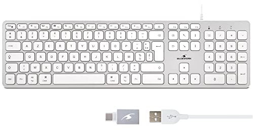 Bluestork French AZERTY Wired Keyboard for Mac - Concave and Silent Keys, 13 Multimedia Shortcuts, USB/USB-C Adapter