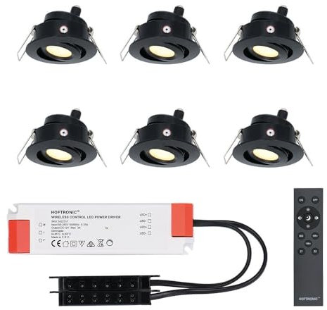 HOFTRONIC - Einbaustrahler Schwarz Feuchtraum Badezimmer 12V Terrassenüberdachung IP44 Wasserdicht | 6x3W 200 Lumen 2700K Warmweiß Dimmbar Schwenkbar Flach RF-Fernbedienung 3W Mini LED Einbaustrahler