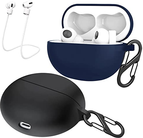 easyBee 2 Pacchi Cover Custodia in Silicone Compatibile con OPPO Enco Free 2 Cuffie Bluetooth e 2 Moschettone Portachiavi 2 Cinturino Anti-perdita, Protezione Completa Antiurto - Nero e Blu