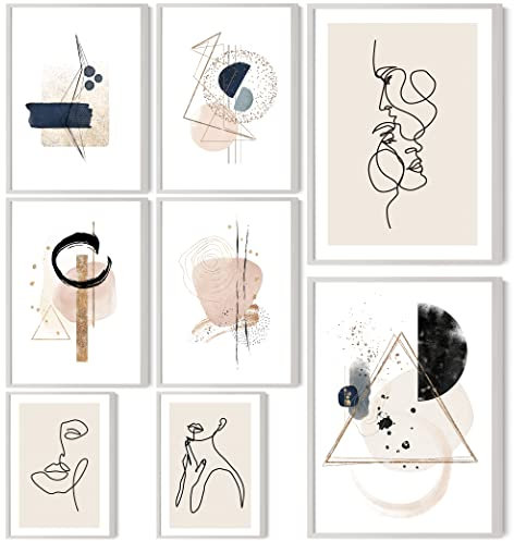 HappyArts® | Premium 8er Poster Set | Bilder Wohnzimmer Deko Schlafzimmer | Abstrakte Kunst Geometrische Formen Aquarell Boho Line Art (ohne Rahmen)…