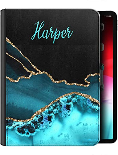 Personalised Initial Case For All Apple iPad Models 10, 9, 8, 7, 6, Air 11, Pro 12.9,13 inch, Mini, Black, Blue and Gold Colour Print Marble with Name, 360 Swivel PU Leather Side Flip Folio Cover