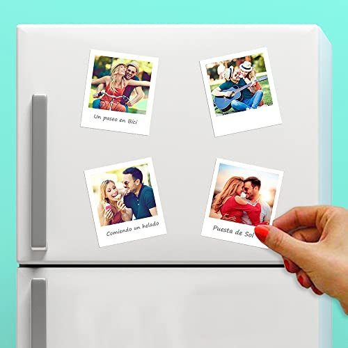 Foto Imán para la Nevera Personalizado Estilo Polaroid. Pack 4 imanes 7,5x10 cm. Fotografías Incluidas. Personalizable con Tus Fotos y Textos