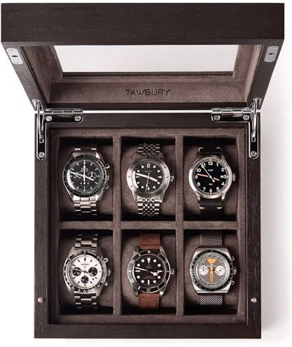 TAWBURY Uhrenbox Aus Kassod-Holz für 6 Uhren - Luxuriös Mit Glasdeckel | Für Herren Und Damen | Uhr Aufbewahrung | Uhr Etui | Watch Box