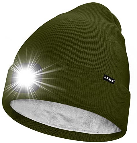 ATNKE LED Mütze mit Licht,Wiederaufladbare USB 4 LED Beleuchtete Laufmütze Extrem Heller Lampe Winter Warme Gefüttertes Fleece Stricken Mütze für Herren und Damen Geschenke/Army Green
