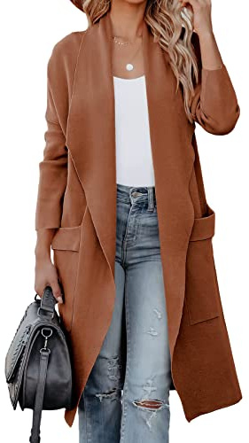 kinstell Lässige Damen-Strickjacke, langärmelig, vorne offen, drapiert, Lange Strickjacke, Jacken, Pullover, Mantel, Blazer mit Taschen