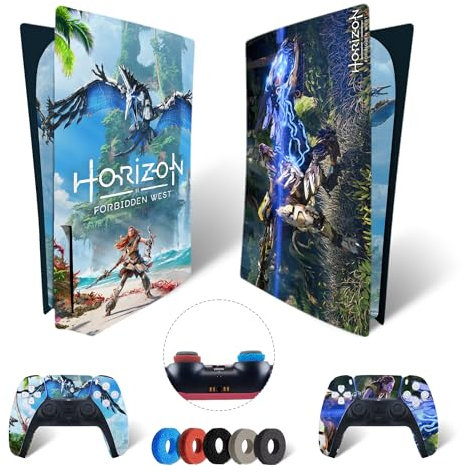 MaD Vision® Extra-Haltbares Skin-Set aus Vinyl für PS5 Disc + 5 Paar Aiming Rings | Kratzfestes Aufkleber-Set für Playstation 5 + 2 Controllers – für Horizon Forbidden West Design