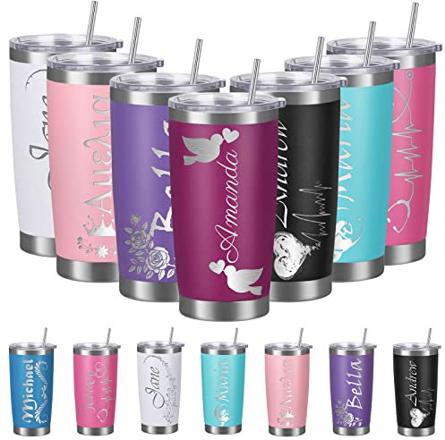 Personalisierte Becher mit Deckel und Strohhalm, individueller isolierter Becher mit Gravur mit Namen, individuelle Edelstahl-Kaffeebecher, Geschenke für Männer und Frauen (590 ml, Dunkelviolett)