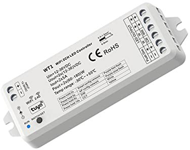 AstraLED - WT1 LED-Controller Dimmer WiFi für LED-Streifen mit Tasteneingängen, Tuya App für Smartphone, Alexa, Google Home, RF-Fernbedienung. Perfekt für monochrome und dynamische weiße Streifen.