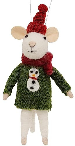 White Mouse Ornament - Wool Mouse in Green Snowman Sweater Christmas Ornament