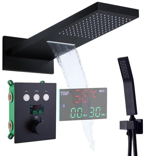 LNXGJJ Columna Ducha Termostatica Duchas de Baño Columna Pantalla Digital Columnas de Ducha Negra Ducha Empotrada Sistema de Ducha Montado en la Pared Conjunto de Ducha con Alcachofa de Mano