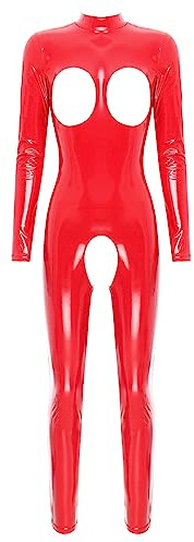 TiaoBug Damen Wetlook Bodysuit Ouvert Hose Latex Catsuit Lack Leder Overall Jumpsuit Langarm Top Hot Pants Dessous Gogo Clubwear