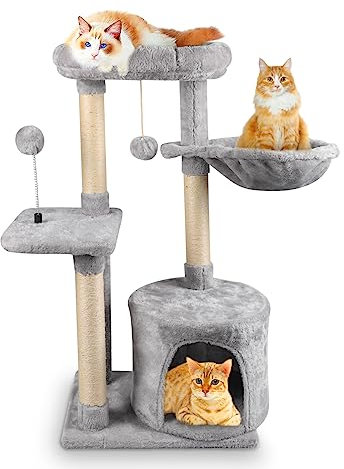LeLeght 86cm Cat Tree Cat Climbing Post with Stable Frame, Comfortable Perch and Cat Friendly Toys, Multi-Tier Construction for Cat Recreation and Care - Light Gray